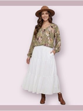 SPLA Green Floral V Neck Peasant Blouse
